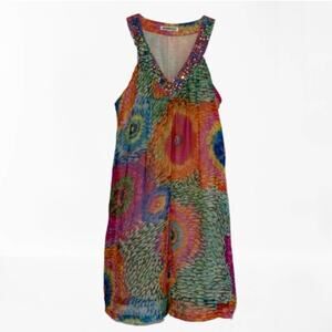 Alexandra Rosati Dress Tie-Dye Rainbow Floral Gemstone Embellished V-Neck Medium